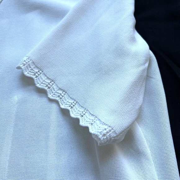 CARTE Knit Top Short Sleeve Collared Vintage Lace Flower Buttons Pockets Cream L - Picture 4 of 7